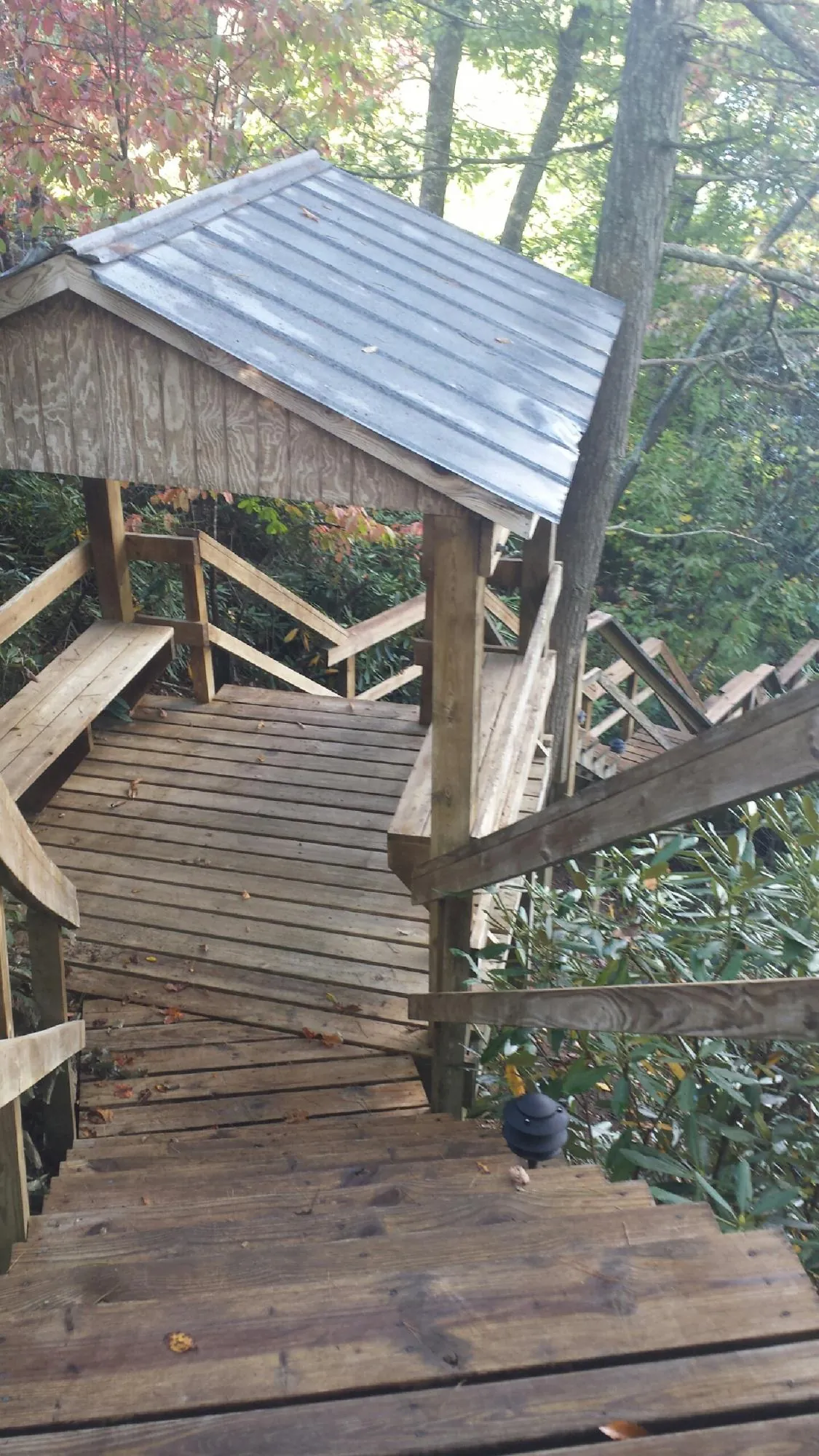 Metal roofed shelter over wooden steps on a wooded walkway — Skylight Repair & Installation work by our crew in Pinesdale